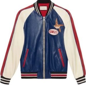 Gucci Men Bomber Leather Jacket - Blue / Red piping with eagle patch